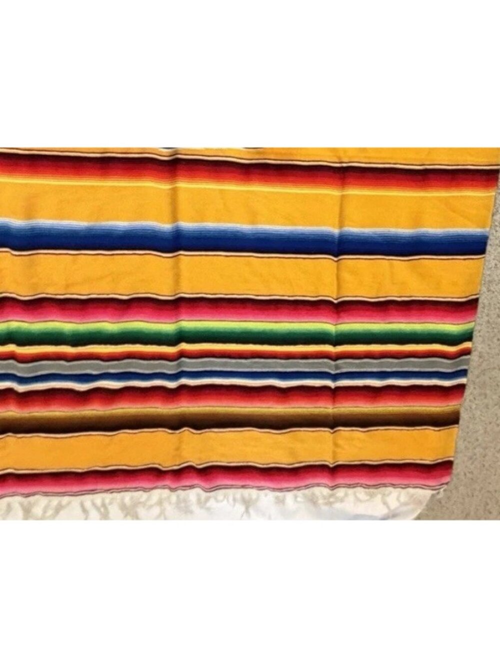 Vintage 80s Yellow Mexican Serape Blanket Colorful Stripes Boho Fringe 82" x 60 - Picture 14 of 16